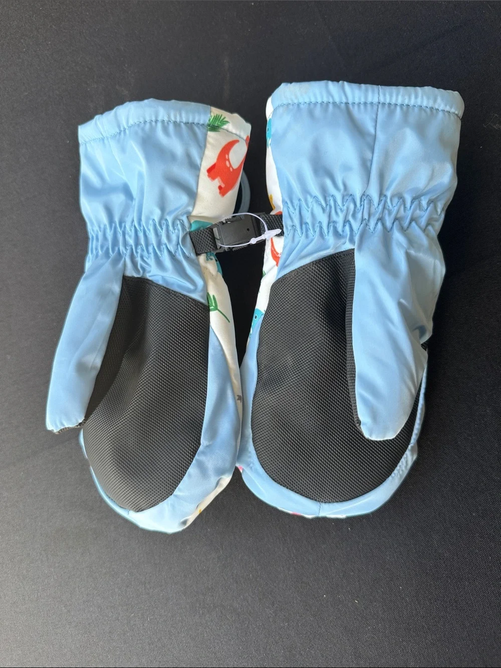 Kids Dino Print Blue Trim Mittens